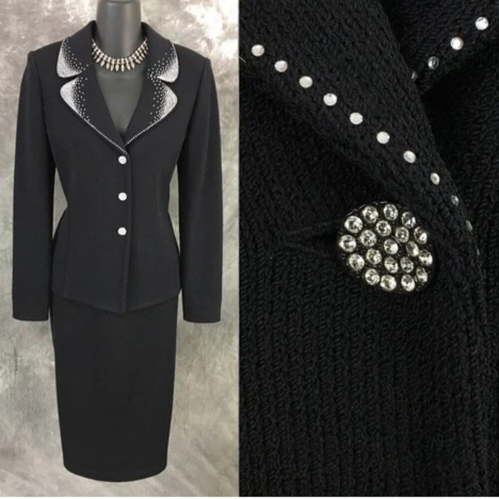 BEAUTIFUL St John evening black rhinestones embellished skirt suit 4